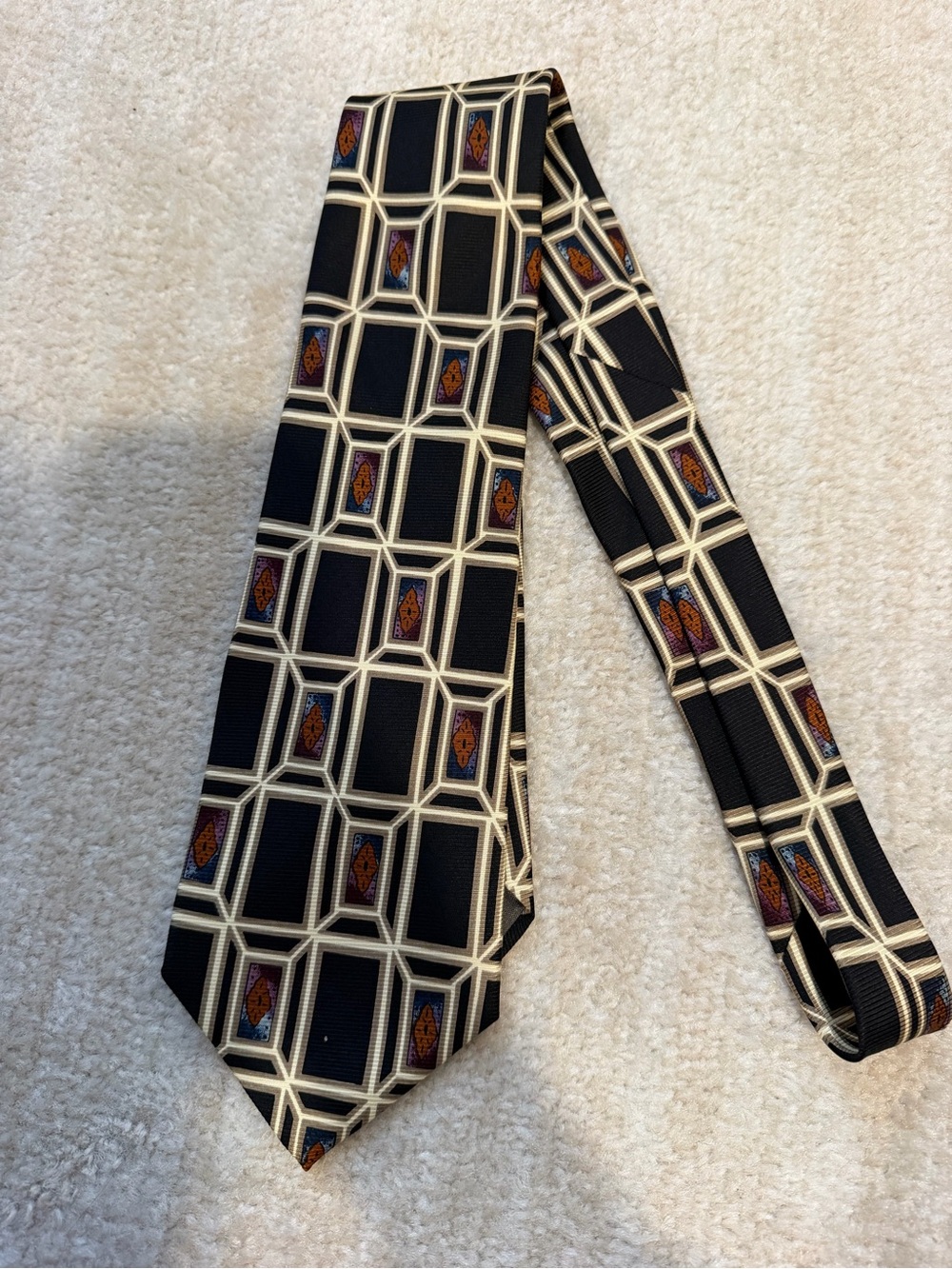 Dior Black and Cream Geometric Silk Tie with Orange & Blue Details